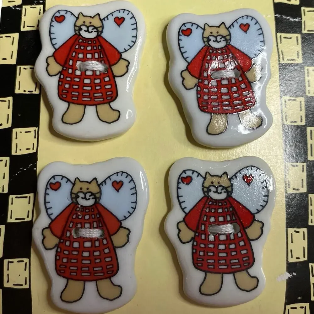 Vintage Alma Lynne Angel Cat Ceramic Buttons Folk Art Flat 2-Hole 4 Buttons 1997